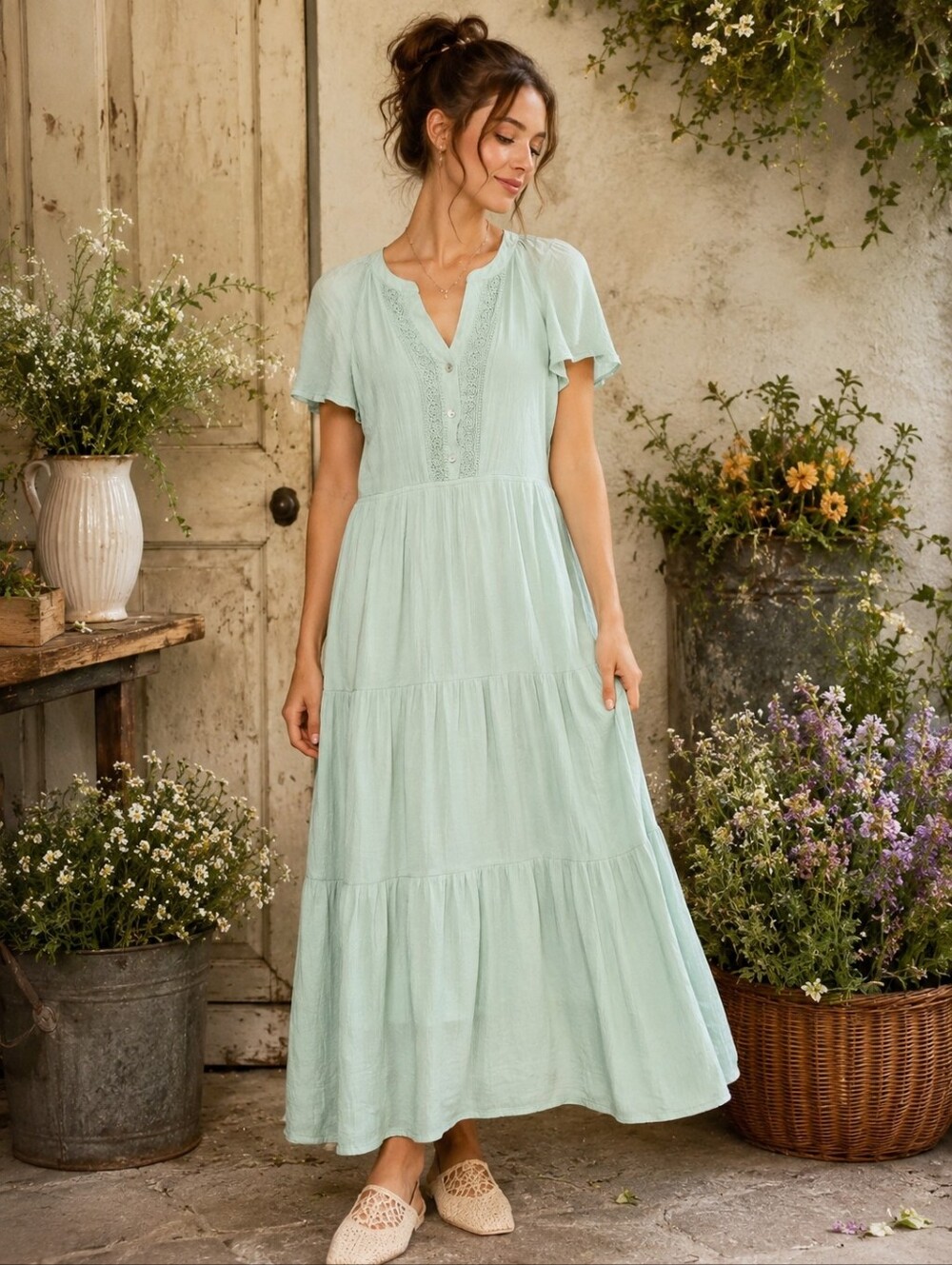 Luxology Womens PL Mint Green Lace Trim Tiered Maxi Dress Cottagecore Romantic